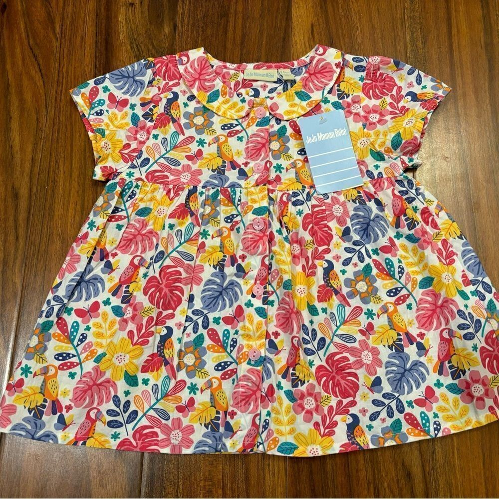 JoJo Maman Bébé Tropical Peter Pan Collar Blouse Button Down Bright Short Sleeve
